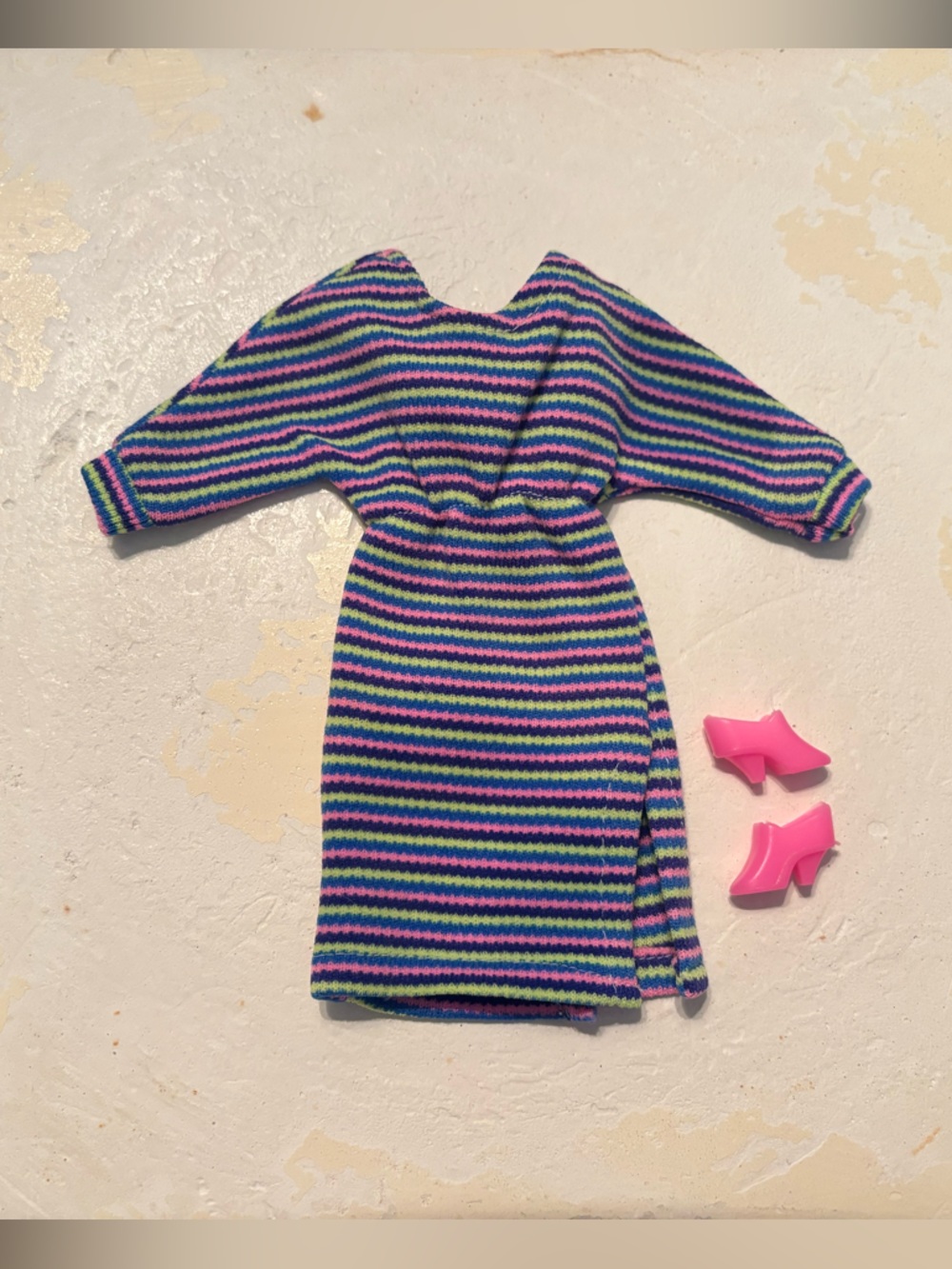 VTG MOD Barbie Doll “Hong Kong” Multicolor Stripe Dress & Neon Pink Clone Shoes